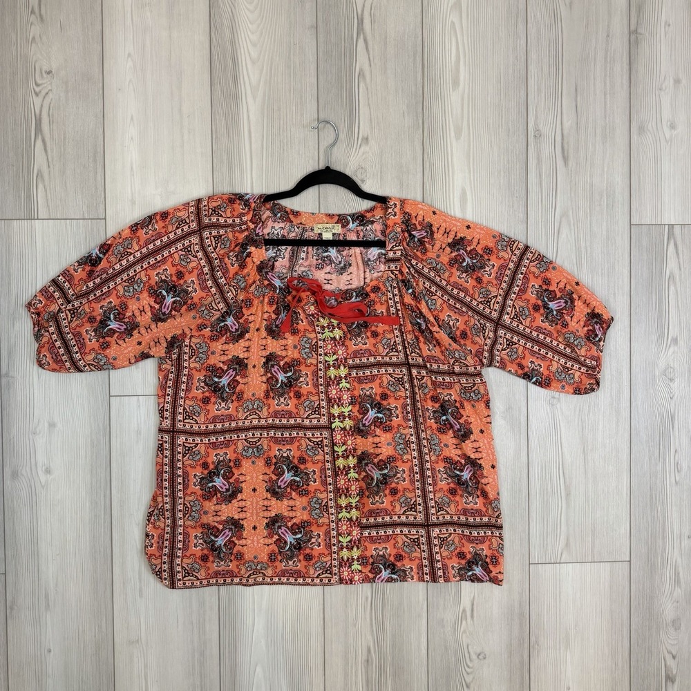 One World Women's 1X Orange Printed Boho Front Ties Rayon